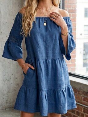 100% Linen Italian Tiered Blue Dress
